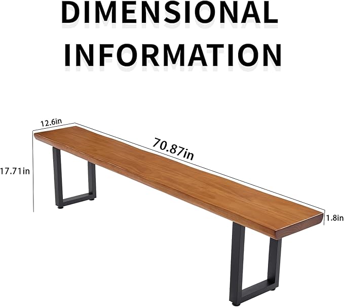 Durable Solid Wood Top Bench with Sturdy Metal Legs – Versatile Dining & Office Seating - Multi-Size Options Ideal for Living Room, Dining Room, and Home Office(Dark yellowbench, 70.87in)