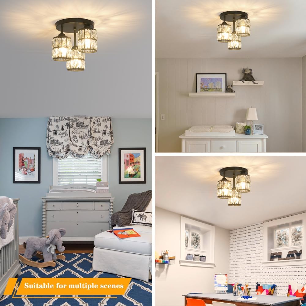 Modern Semi Flush Mount Ceiling Light, 3-Light Black Crystal Close to Ceiling Light Fixtures, Kitchen Light Fixtures with Clear Crystal Shade, Hallway Light Fixtures for Porch Bedroom Bathroom
