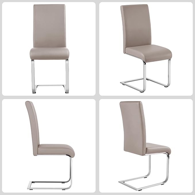 Yaheetech Dining Chairs Set of 4 Modern Faux Leather Upholstered Dining Room Chairs with High Back and Metal Chrome Legs for Kitchen/Living Room/Restaurant, Light Brown