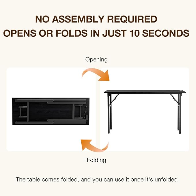 TEMI Long Computer Desk Folding Table - No Assembly, Compact 55.1" Foldable Desk with Power Outlets & USB Charging Port, Portable Lagre Office Desk, Study Table for Narrow Spaces, Dark Oak