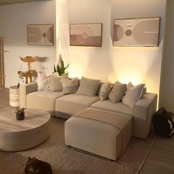 Acanva Luxury Modular Sectional Living Room Sofa Set, Modern Minimalist Style Couch with Ottoman and Chaise, L-Shape, Linen-Like Cream