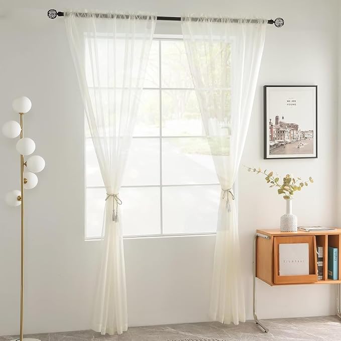 youleyar Solid Sheer Rod Pocket Curtain Voile Draperies 4 Panels Ivory Beige - Image 2