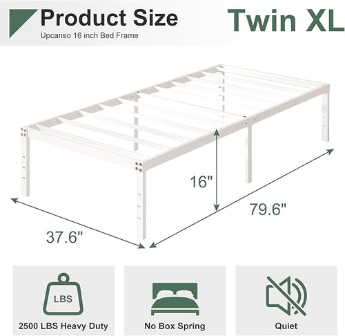16 Inch White Twin XL Bed Frames, Metal Platform Twin XL Bed Frame with High Storage, Eassy Assembly 2,500 lbs Heavy Duty Bedframes