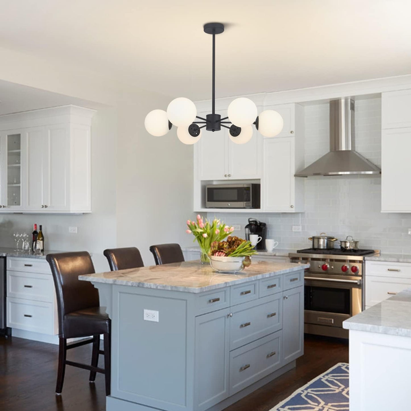 KCO Lighting Matte Black Sputnik Chandelier Light Fixture Mid Century 6-Light Milk Glass Ball Chandelier Modern Globe Flush Mount Ceiling Light Kitchen Island Dining Lighting Fixture (Black+White)