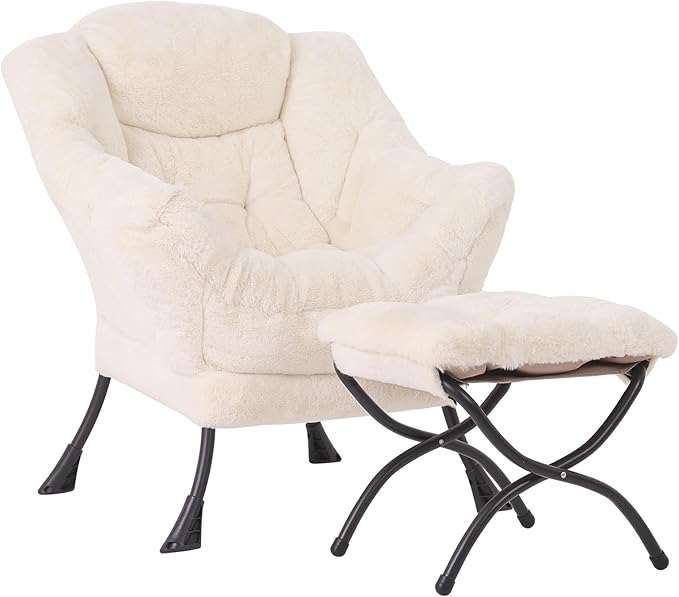 Lazy Chair with Ottoman, Modern Accent Chair Lounge Leisure Sofa Chair with Armrests, Reading Chair and Folding Footstool for Living Room, Bedroom, Office, Plush Beige
