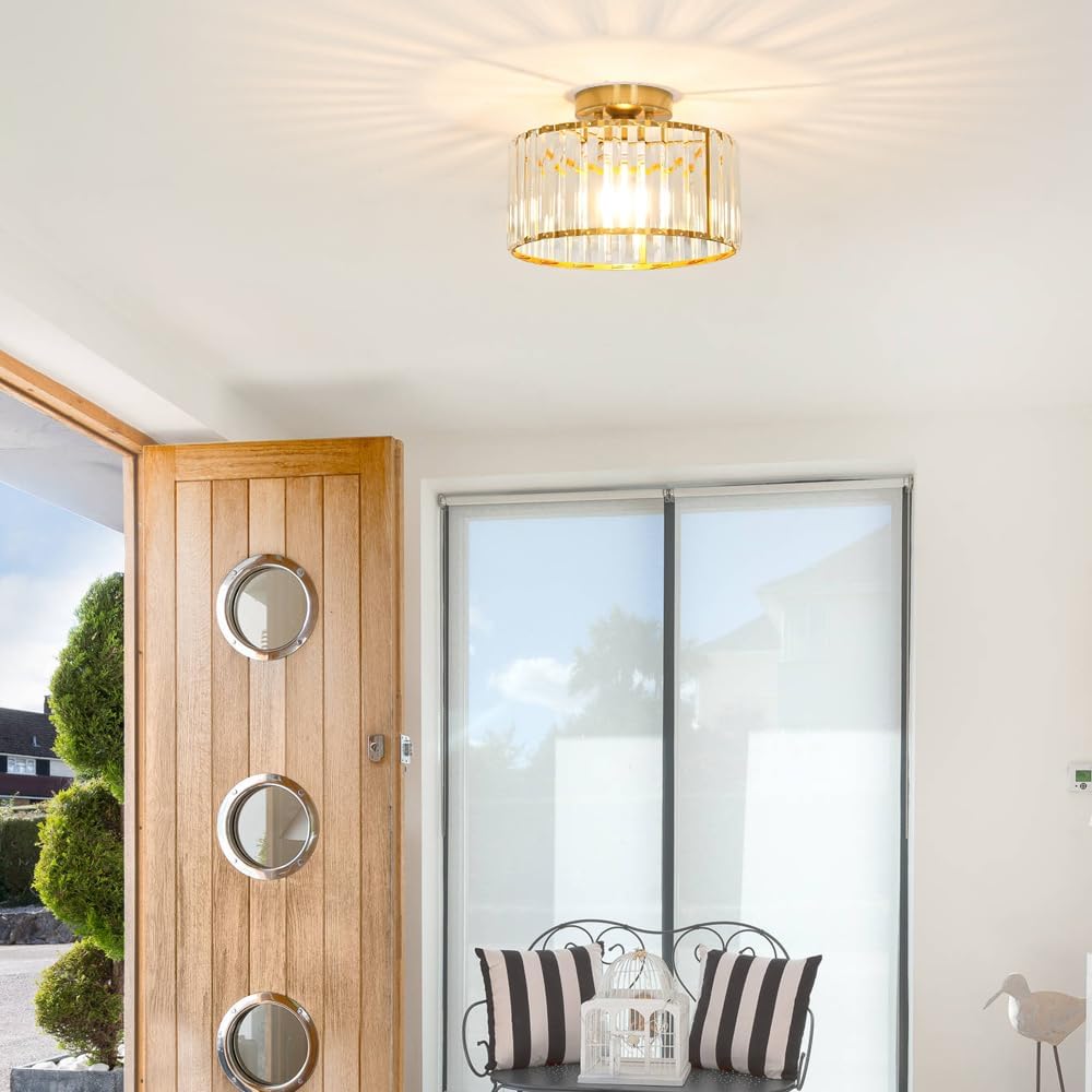 Crystal Ceiling Light Fixture, Modern Semi Flush Mount Ceiling Light, Gold Hallway Lighting Fixtures Chandelier for Kitchen, Close To Ceiling Light Fixtures for Entryway Bedroom, 1-Light, 11Inch