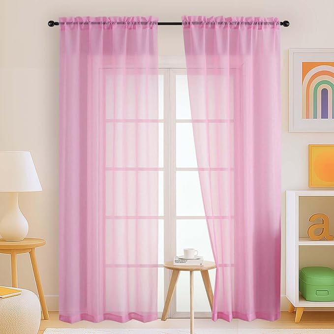 Light Pink Sheer Curtains 84 Inches Long 2 Panels, Elegant Airy Transparent by Home