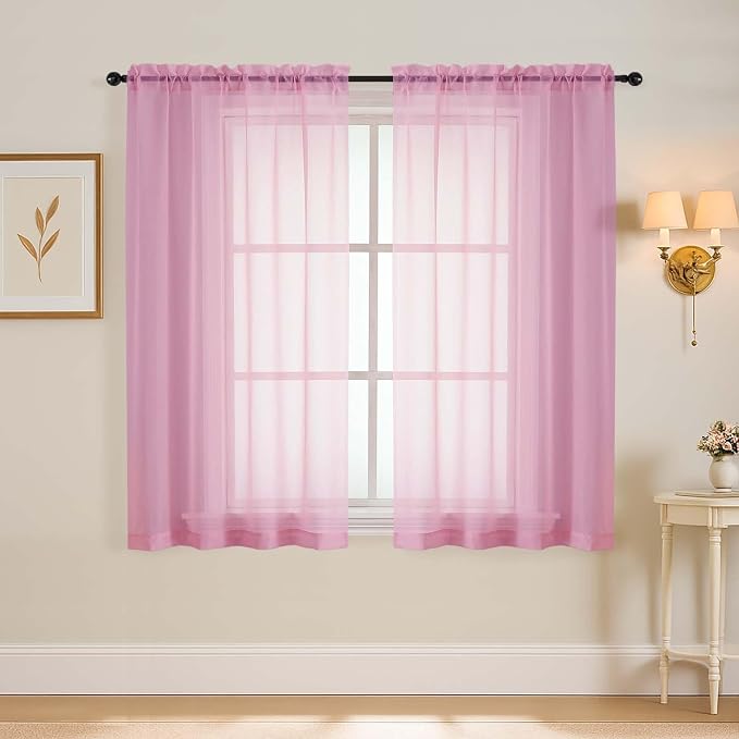 Light Pink Window Sheer Curtains 45 Inches Length, Voile Short Curtains by Home