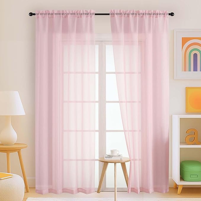 Blush Pink Sheer Curtains 84 Inches Long 2 Panels, Elegant Airy Transparent by Home