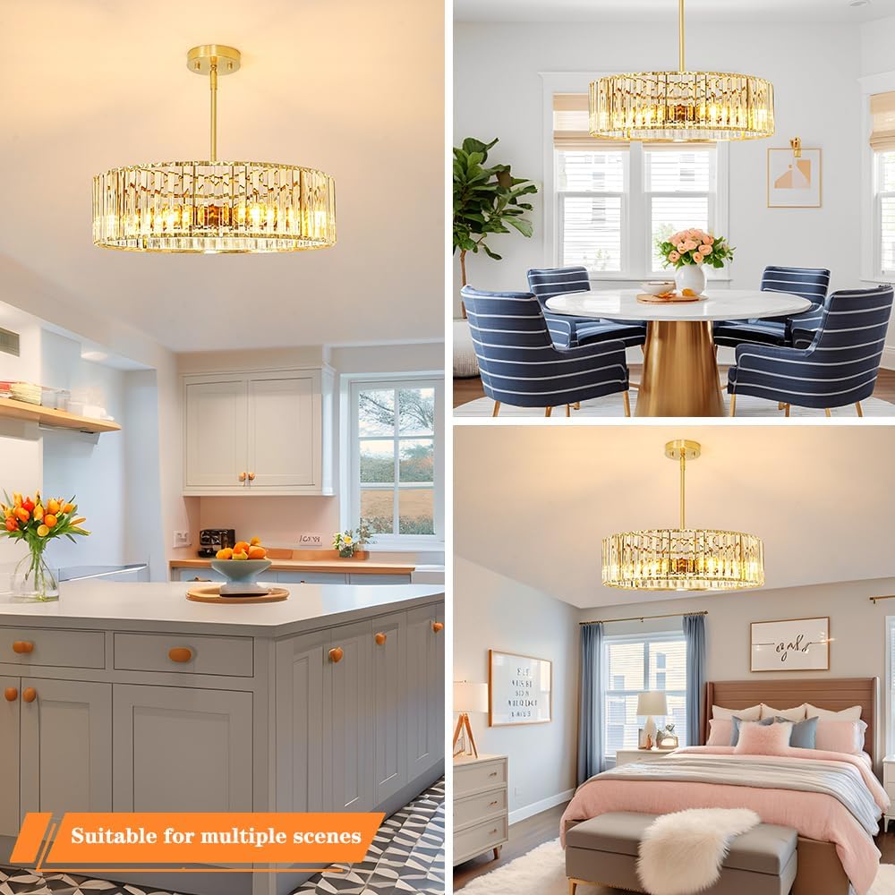 Gold Crystal Chandelier for Dining Room, 6-Light Modern Semi Flush Mount Ceiling Lighting Fixtures, Round Kitchen Fixtures Ceiling, Hanging Drum Pendant Lights for Living Room Bedroom Foyer, 19IN, E26