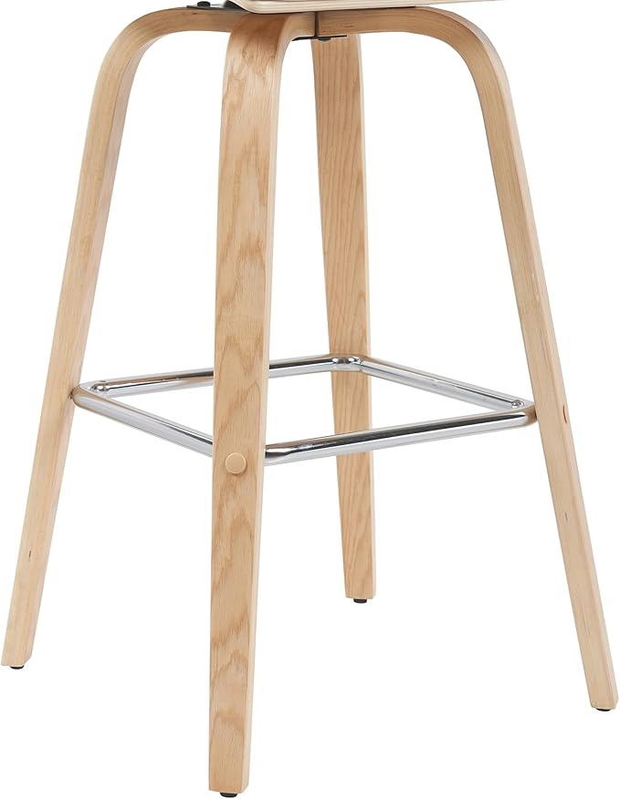 Vienna Modern Swivel Bar Height Stool with White Faux Leather Seat and Patterned Oak Wood Frame Set of 4