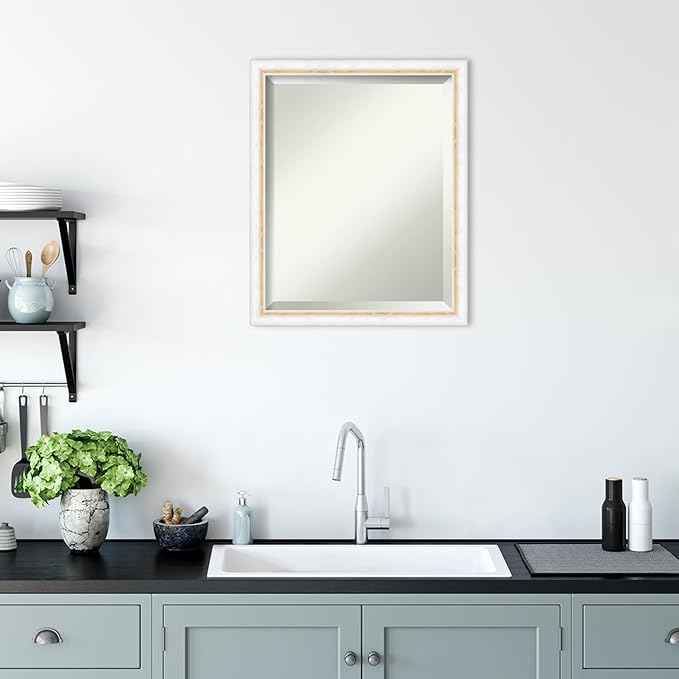 Amanti Art White Bathroom Mirror for Over Sink, 22x18 Morgan White Gold Rectangle Vanity Mirror, Small Modern Contemporary Wood Frame, Hangs Horizonally and Vertically, Bathroom Wall Decor, Beveled