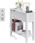 White End Table with Movable Top and Charging Station, Narrow Side Table with Storage Cabinet and USB, Sofa Table for Living Room Bedroom,White Side Table with Charger