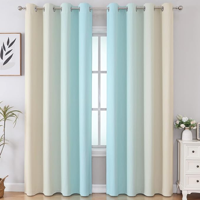 Estelar Textiler Ombre Aqua and Beige Blackout Curtains 96 Inches Long - Image 2