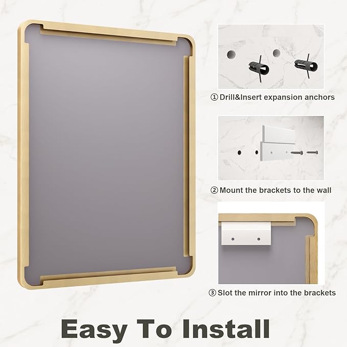 20x30 Inch Gold Framed Bathroom Mirror, Rectangle Brushed Gold Metal Vanity Mirror, Gold Mirror for Wall, Rounded Corner, Tempered Glass, Anti-Rust, Shatterproof (Horizontal/Vertical)