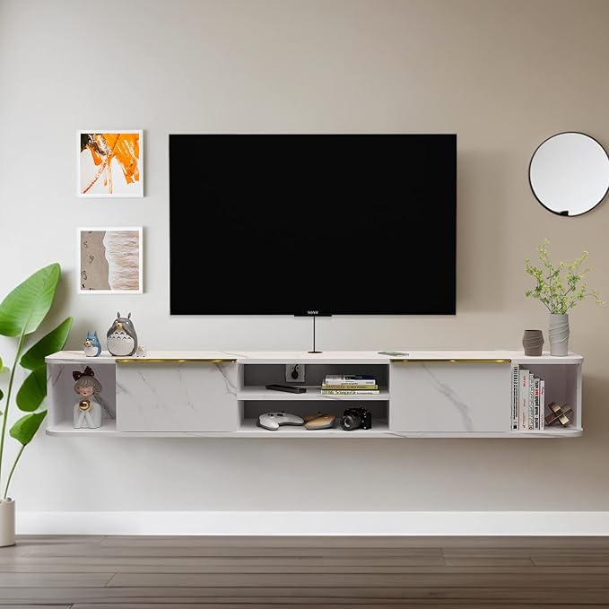 Pmnianhua Floating TV Console with 2 Drawers, 78'' Wall Mount TV Shelf, Media Console for Bedroom & Living Room (White)