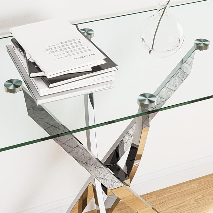 Tempered Glass Console Table with Chromed Legs, Modern Narrow Sofa Table for Hallway Entryway (Sliver, 47"x18"x30")