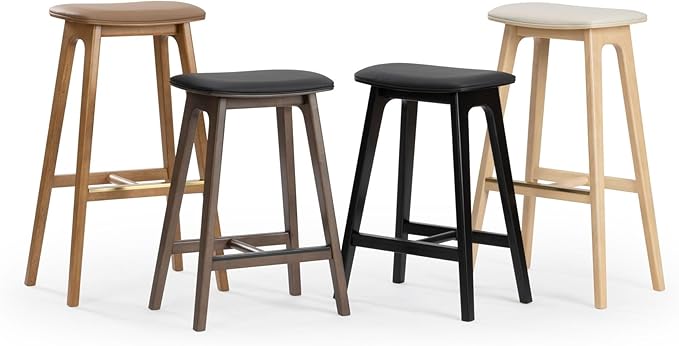 Plank+Beam Beryl Bar Height Stool - Mid-Century Modern Rubberwood Bar Stool with Faux Leather Seat, Metal Footrest, Easy Assembly, 4-Pack, Blonde/Sesame