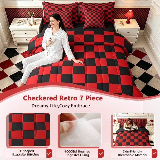 Feelyou Checkered 7 Piece Bedding Set Teen Red Black Plaid Comforter Set - Image 5
