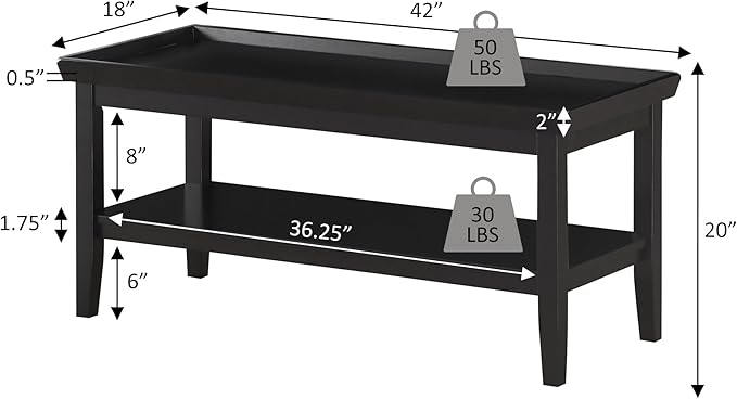 Convenience Concepts Ledgewood Coffee Table 42" - Modern Center Room Accent with Storage Shelf for Transitional, Traditional Living & Family Room, Espresso