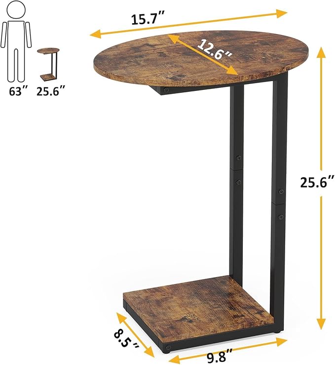 Hosfais Small Side Table Set of 2, C-Shaped Wood Sofa End Table with Metal Frame for Living Room, Bedroom, Small Spaces (Rustic Brown)