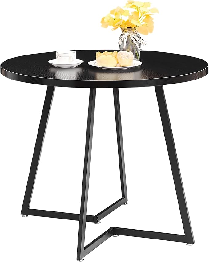 VECELO Round Dining Room Table with Wood Grain Tabletop and Steel Frame, for Kitchen, Living Room, Office, Conference, 2 to 4 Person, Black