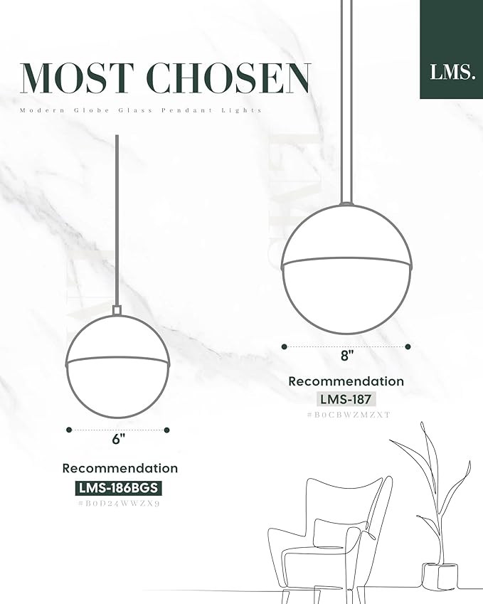 LMS 2 Pack Mid Century Pendant Lights, Matte Black Kitchen Island Light Fixtures with White Globe Glass Shade, Adjustable Hanging Rod Ceiling Light for Home Office Dining Room Bathroom, LMS-186BK2PK