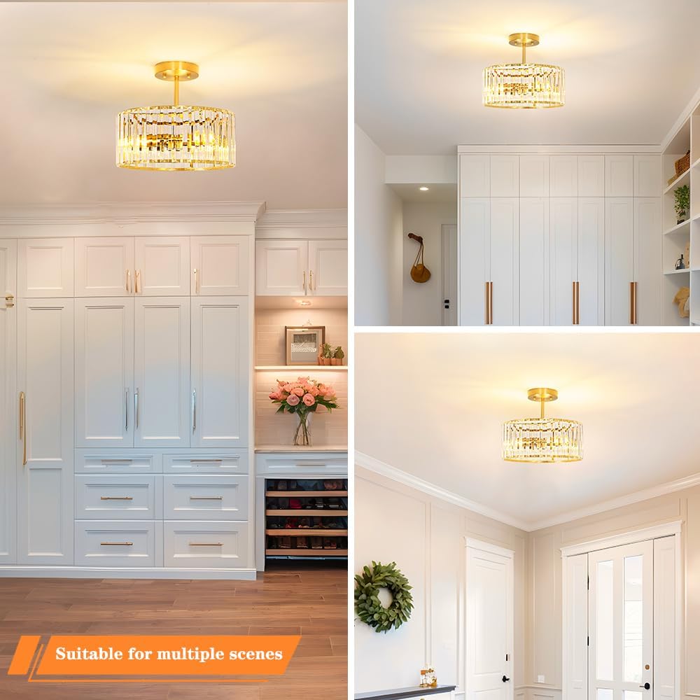 Modern Crystal Ceiling Light, Brushed Gold Semi Flush Mount Ceiling Lighting Fixture, Brass Hallway Light Fixtures Chandelier for Kitchen, Bedroom Dining Room Hallway Closet, 3-Light, 12 Inch