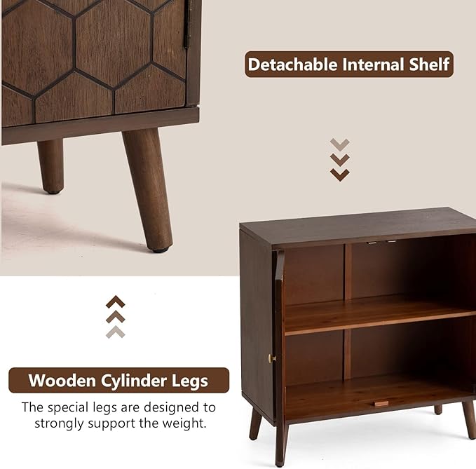 COSIEST 32" Storage Sideboard with Doors, Adjustable Shelf, Decorative Modern Accent Furniture for Living Room, Entryway, Kitchen (Brown, Honeycomb Pattern)