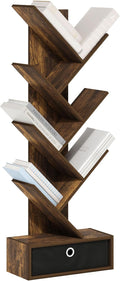Furinno Tree Bookshelf 7-Tier Floor Standing Tree Bookcase with Bin Drawer, Amber Pine/Black
