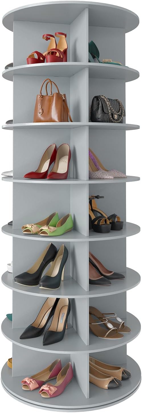 SpaceAid 7 Tier Rotating Shoe Rack Tower, Spinning Shoe Display Lazy Susan, Revolving 360 Shoe Rack Storage Round Carousel, Vertical Handbag Rotate Shoes Closet Organization (7-Tier Gray)