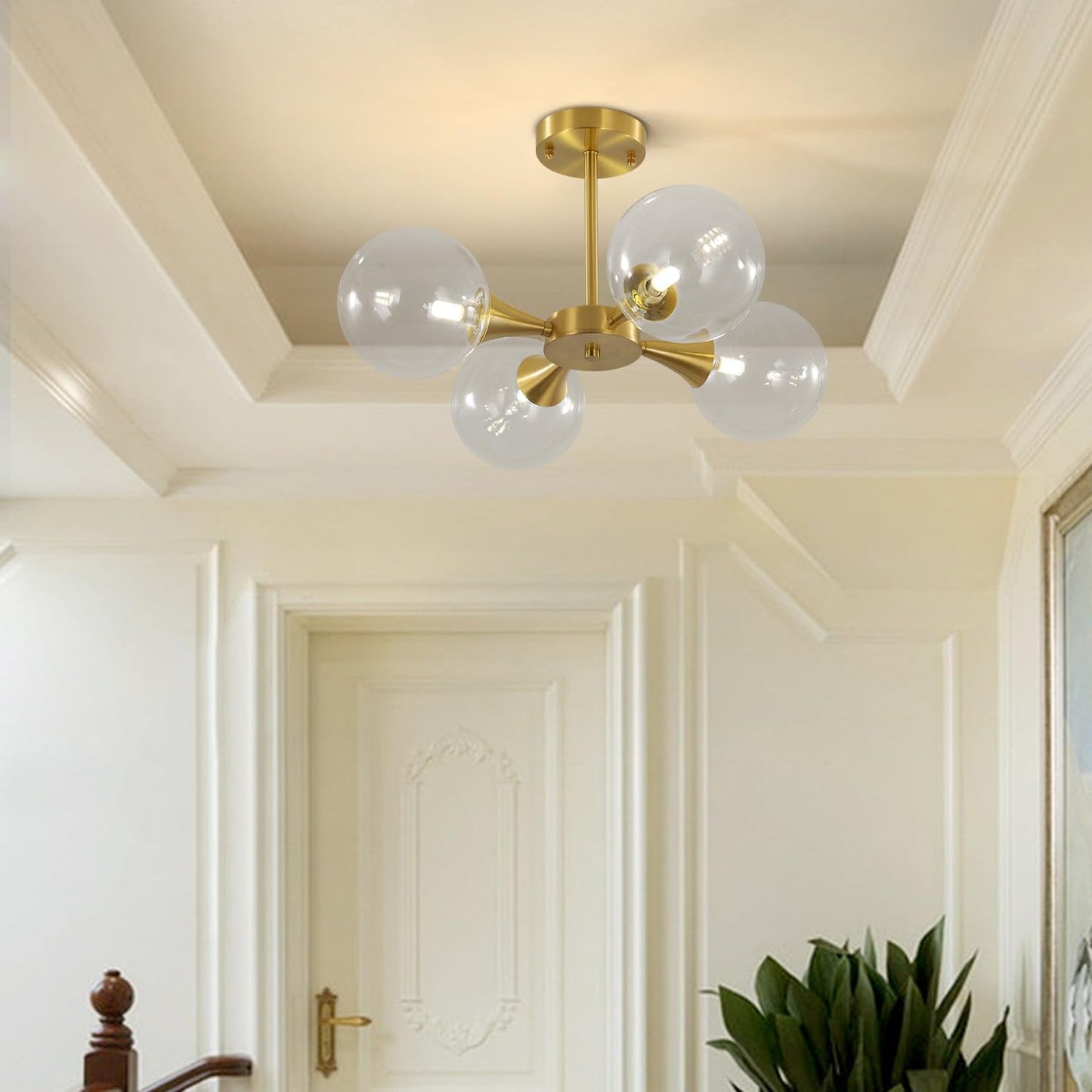 KCO Lighting 4-Lights Modern Globe Semi Flush Mount Ceiling Light Mid Century Brushed Brass Schoolhouse Close to Ceiling Light Gold Clear Glass Bubble Sputnik Chandelier Light Fixture