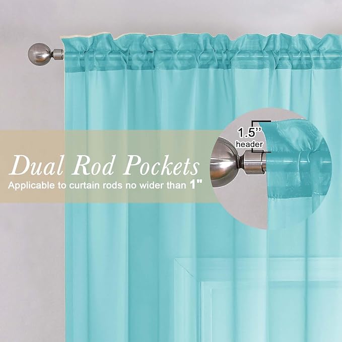 Lecloud Aqua Sheer Curtains for Living Room 96 Inches Long 2 Pcs, Dual Rod - Image 5
