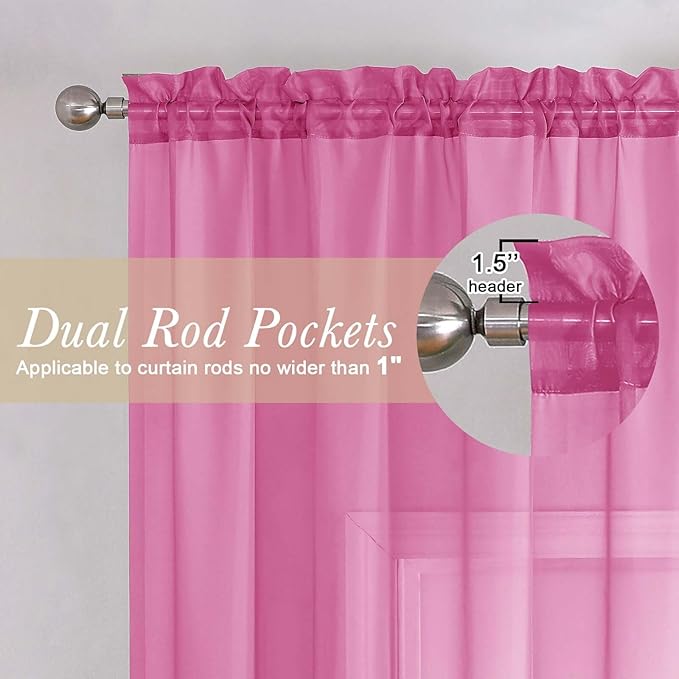 Lecloud Hot Pink Sheer Curtains 54 Inch Length 2 Pcs, Solid Color Voile Modern - Image 5