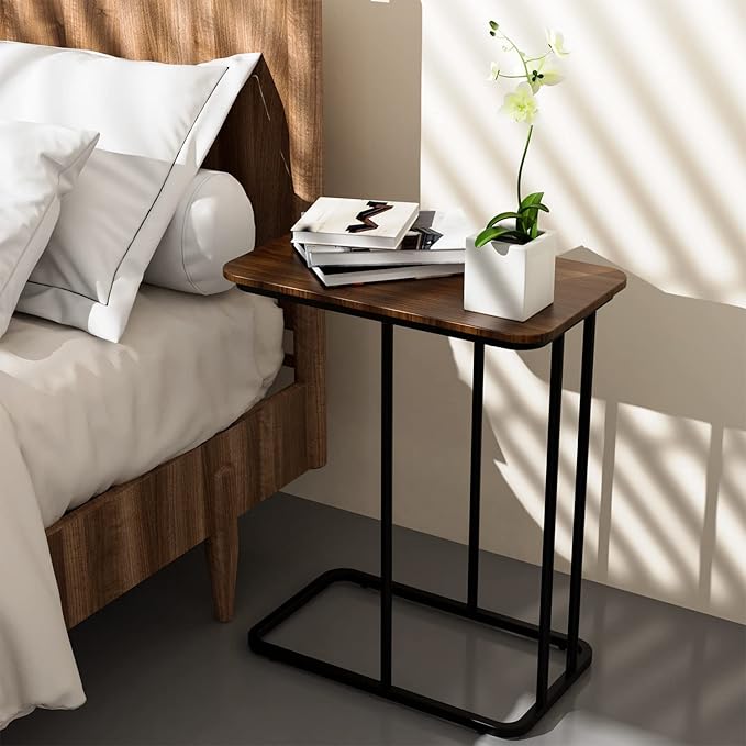 C Shaped Side Table, Small End Table MDF Black Walnut Coffee Table, Modern Simplicity C End Table with Steel Frame for Living Room, Bedroom (Black Walnut)