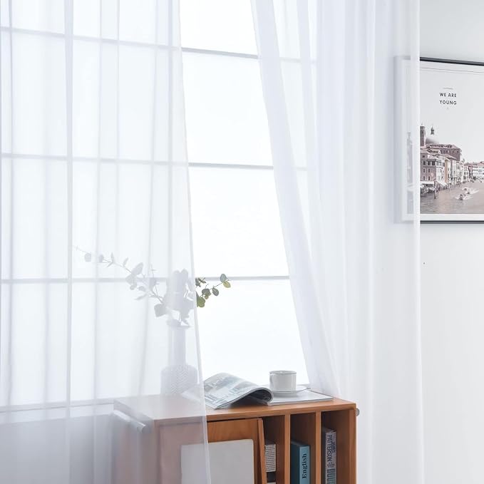 SpaceDresser Sheer White Curtains 4 Panels Rod Pocket Semi-Sheer Curtain 45 - Image 4