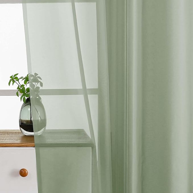 Sage Green Window Sheer Curtains 45 Inches Length, Voile Short Curtains - Image 5