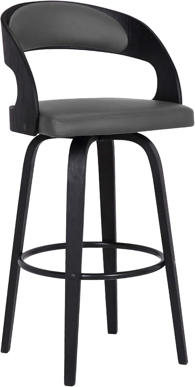 Armen Living Shelly 30" Bar Height Swivel Gray Faux Leather and Black Wood Bar Stool - Set of 2