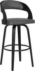 Armen Living Shelly 30" Bar Height Swivel Gray Faux Leather and Black Wood Bar Stool - Set of 2