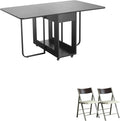 Folding table and chair set, dining table with extra large storage space and 4 universal wheels, matched with padded steel frame folding chairs, space-saving dining table and 2 chairs (White)