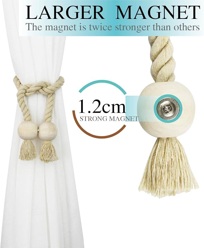 6 Pack Magnetic Curtain Tiebacks Cotton Hand Woven Tie Back Decorative Rope - Image 3
