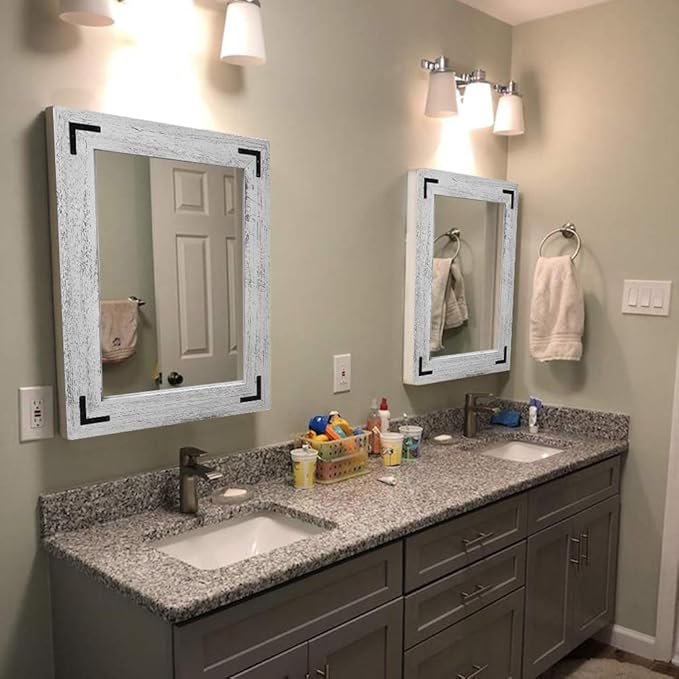 YOSHOOT Rustic Wooden Framed Wall Mirror, Natural Wood Bathroom Vanity Mirror for Farmhouse Decor, Vertical or Horizontal Hanging, 32" x 24",White Grey
