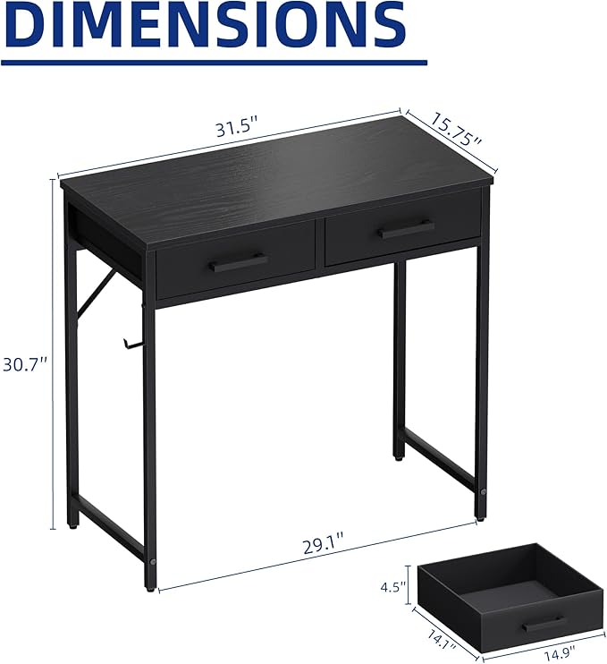 Pamray 32 Inch Small Computer Desk with 2 Drawers for Bedroom Study Writing Home Office Table for Small Spaces Brown