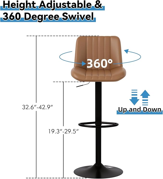Shintenchi Bar Stools Set of 4 Modern Swivel Bar Chairs, Counter Height Faux Leather Metal Barstools, Upholstered Island Chairs with Back and Footrest, Coffee