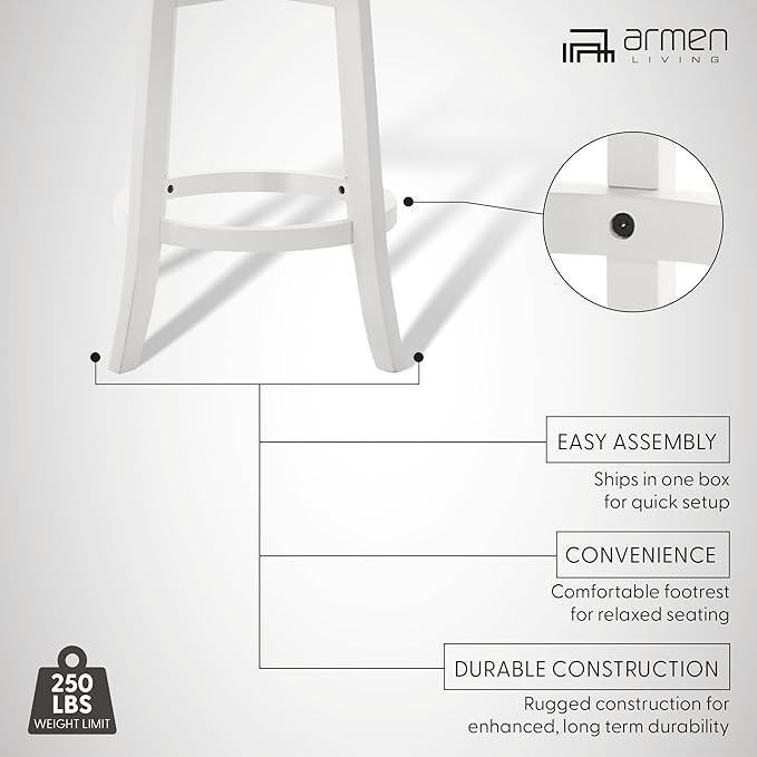 Armen Living Blair 30 in. Matte White Bar Height Rubberwood Swivel Barstool with Fog Fabric Seat - Set of 4