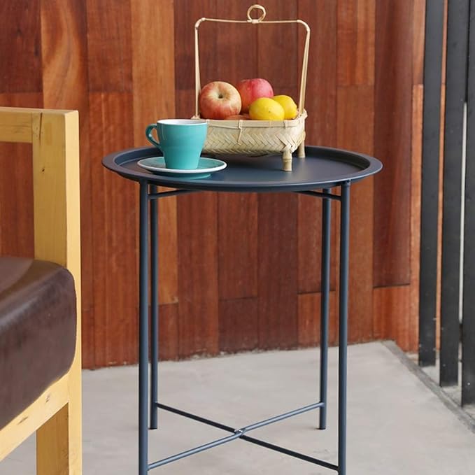 VECELO Side/End Table, Folding Round Metal Anti-Rust and Waterproof Outdoor or Indoor Tray for Living Room Bedroom Balcony and Office, 2 PCS, Blue