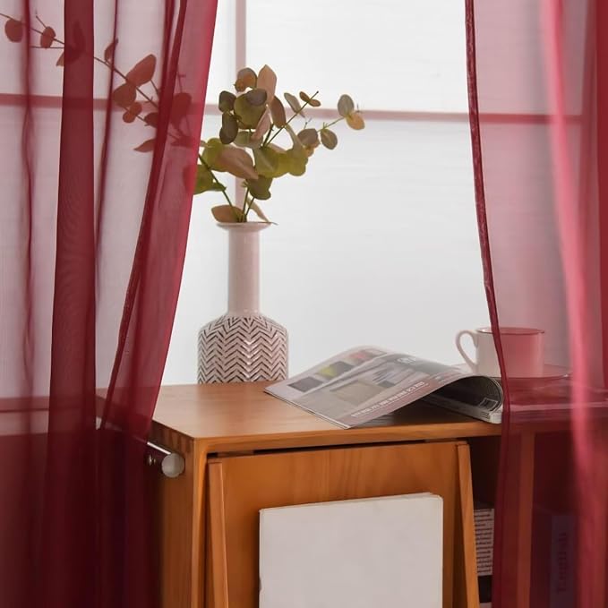 SpaceDresser Burgundy Sheer Curtains 4 Panels Rod Pocket Semi-Sheer Curtain 108 - Image 4