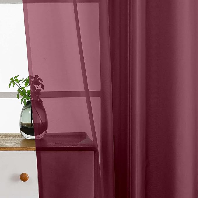 Burgundy Valances for Windows 14 inch Length 2 Panels Set, Small Voile Sheer - Image 4
