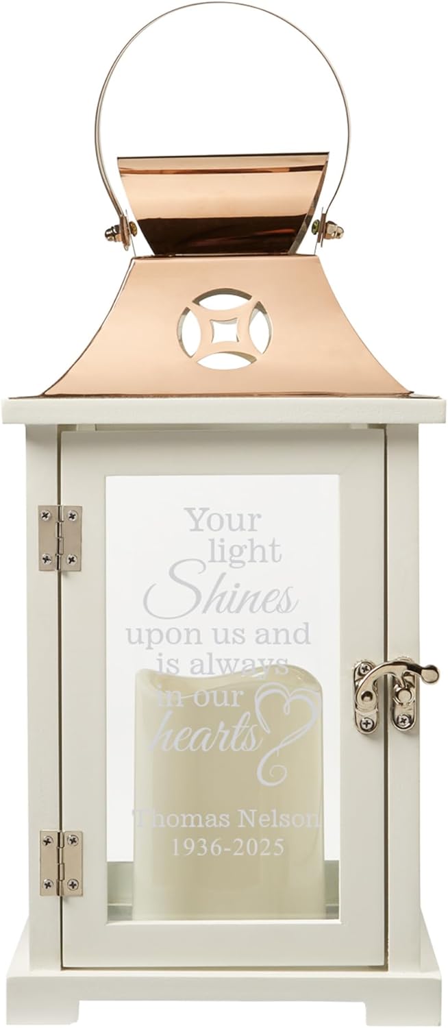 Let's Make Memories Personalized Memorial Lantern - Sympathy - Condolences - LED Candle - Automatic Timer - Wood/Stainless Steel - Copper Finish - Keep The Light On