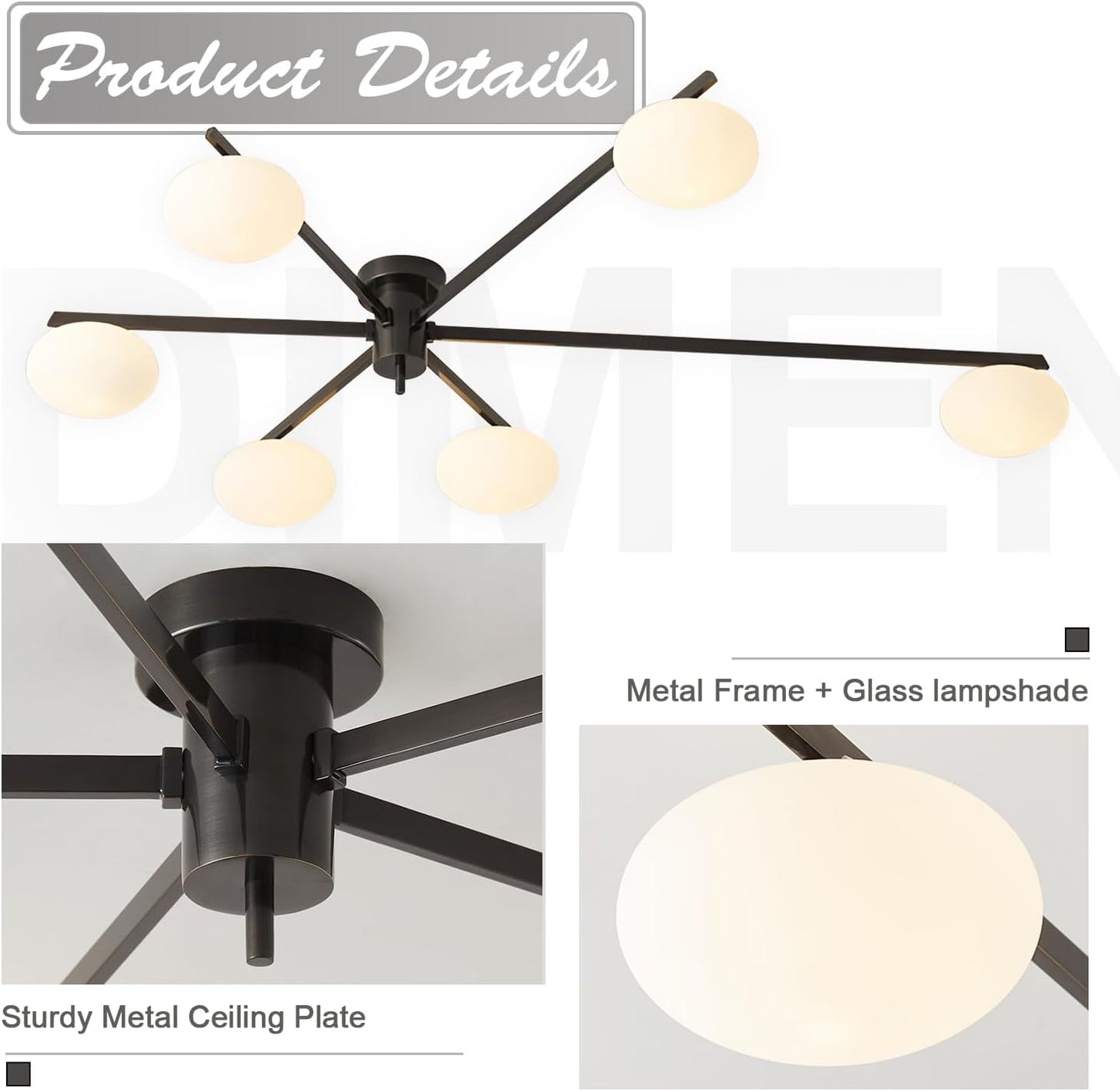 6-Light Mid Century Semi Flush Mount Black Matte Sputnik Chandelier Fixtures with Milk Glass Shade for Foyer MCL01-6 BK